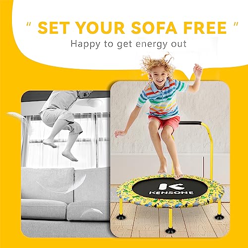 KENSONE 36" Mini Trampoline for Kids, Indoor Small Recreational Trampoline for Toddlers with Bungees, Foam Handle, Leg Suction Cups and Safety Bins, Yellow