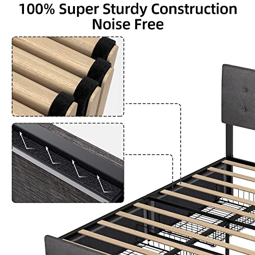 IDEALHOUSE Queen Bed Frame with 4 Storage Drawers and Headboard, Adjustable Upholstered Headboard Beds Mattress Foundation with Wood Slat Support, No Box Spring Needed