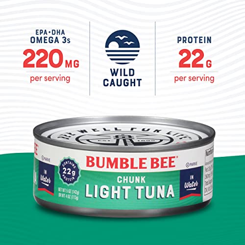 Bumble Bee Chunk Light Tuna In Water, 5 Oz Cans (Pack Of 4) - Wild Caught Tuna - 22g Protein Per Serving - Non-GMO Project Verified, Gluten Free, Kosher - Great For Tuna Salad & Recipes