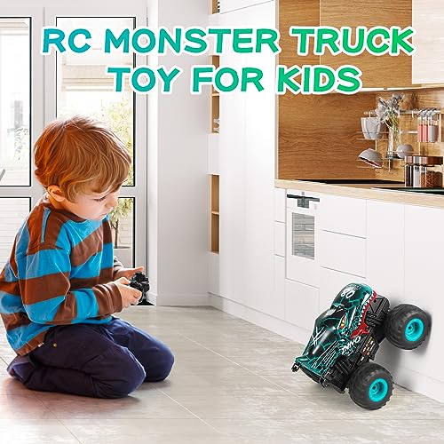 DYODYORC RC Monster Truck, 2.4Ghz High Speed Remote Control Car, All Terrain RC Truck with Light&Music&360°Stunt, RC Dinosaur Car with 2 Rechargeable Batteries, Toy Gifts for Boys and Girls (Cyan)