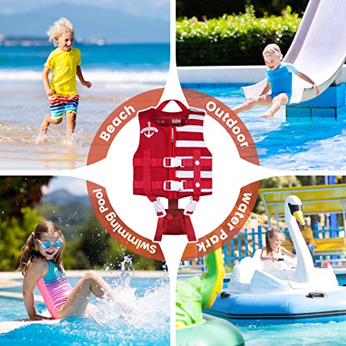 Toddler Swim Vest Floaties for Kids with Adjustable Safety Strap for Learn to Swim Children, Stripes Red M Age 4-6