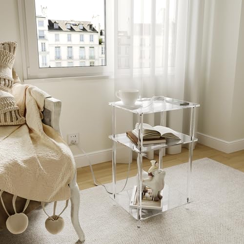 Eglaf Acrylic Side Table with Charging Station - 3 Tier Charging End Table Set of 2 - Clear Nightstand Bedside Table with USB Ports & Outlets - for Bedroom, Living Room, 15'' L x 11.8'' W x 23.6'' H