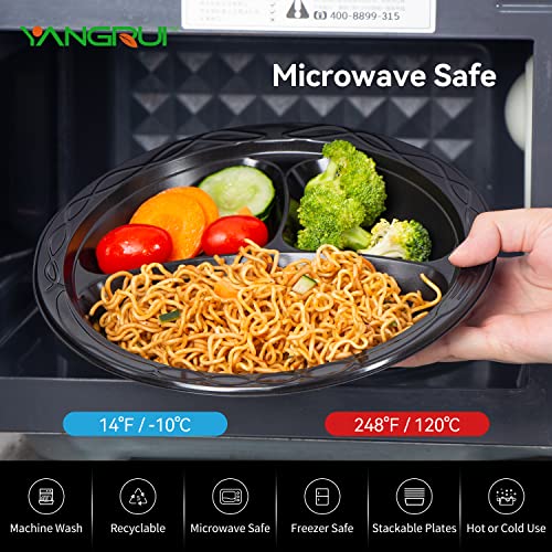YANGRUI Reusable Plastic Plate, 9 Inch 3 Compartments 150 Pack Food Grade Material BPA Free Black Dinner Plates