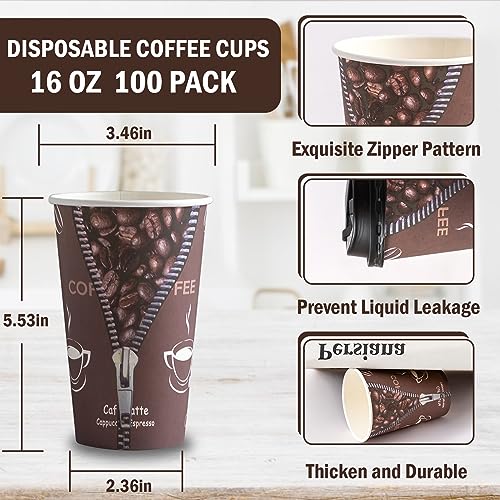 Lamosi 16 oz Coffee Cups with Lids,Sleeves -100 Pack Disposable Coffee Cups To Go Insulation Coffee Cups for Shops, Cafes, and Hot/Cold Drink(Dark Brown)