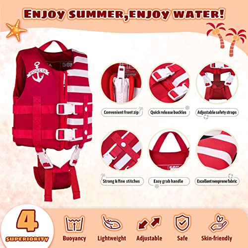 Toddler Swim Vest Floaties for Kids with Adjustable Safety Strap for Learn to Swim Children, Stripes Red M Age 4-6