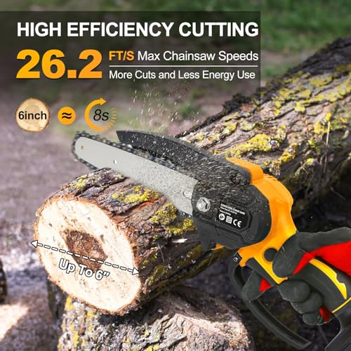 CKEVE Mini Chainsaw 6-Inch, Cordless Electric Chain Saw Battery Powered with Safety Lock for Garden Tree Trimming, 250W Motor, 2 Chains, 2 Rechargeable Battery 20V 2000mAh, Gloves Included, Orange