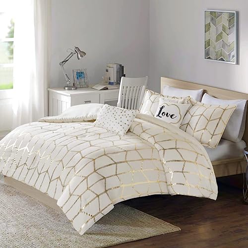 Intelligent Design Raina King / Cal King Comforter Set, Soft Microfiber Comforter Set King, Modern Geometric Metallic Bed Set, 5 Pieces College Bedding Comforter Set with 2 Shams, 2 Toss Pillows Ivory