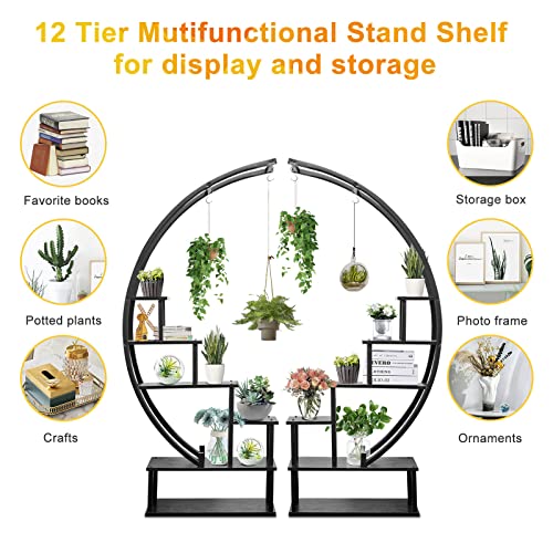 Elevens 2 Pcs 6 Tier Tall Metal Indoor Plant Stand Half-Moon-Shaped Plant Shelf Holder Multi-Purpose Plant Stands Plants Decor Plant Stands for Home Decoration (Round-Black)