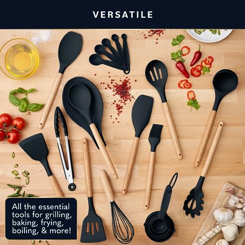 Home Hero 33 Pcs Silicone Kitchen Utensils Set, Non-Stick Silicone Cooking Utensils Set with Holder, Wooden Handle Spatula, Silicone Kitchen Gadgets Utensil Set (33 Pcs Set - Black)