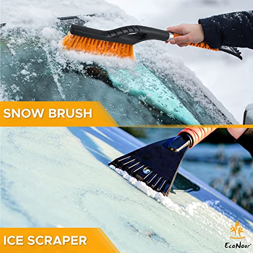 EcoNour 27" Aluminum Snow Brush with Ice Scrapers for Car Windshield and Window (1Pack) | Car Snow Scraper and Brush with Ergonomic Foam Grip Winter Accessories (Orange)