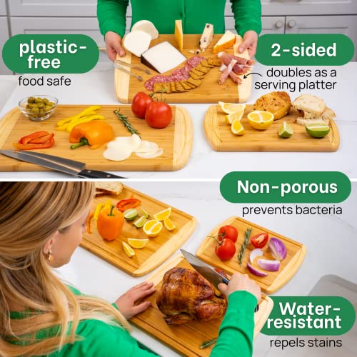 Organic Bamboo Cutting Board Set of 3 with Lifetime Replacements - Wood Cutting Board Set with Juice Groove - Wooden Chopping board Set for Kitchen, Meat and Cheese - Wooden Cutting Boards for Kitchen