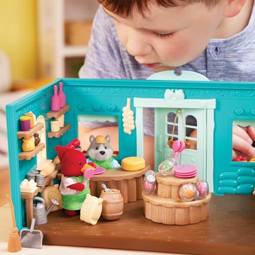 Lil Woodzeez - Toy Figures Playset – General Store Playhouse – Stackable – Mini Furniture & Play Food – Storybook & posable figures Included – 3 Years +