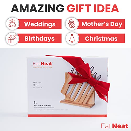 EatNeat Kitchen Knife Block Set - 8 Piece Stainless Steel Chef Knife Set with Bamboo Knife Block, Bamboo Cutting Board, Knife Sharpener, Kitchen Essentials, Knife Sets for Kitchen With Block