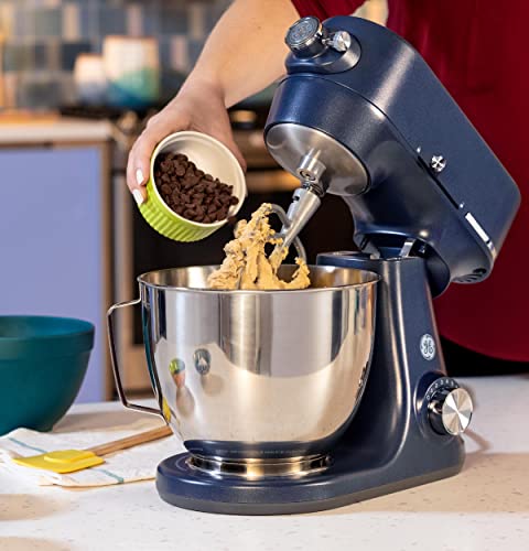 GE Tilt-Head Electric Stand Mixer | 7-Speed, 350-Watt Motor | Includes 5.3-Quart Bowl, Flat Beater, Dough Hook, Wire Whisk & Pouring Shield | Countertop Kitchen Essentials | Sapphire Blue