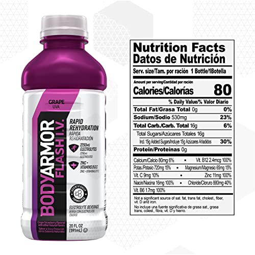 BODYARMOR Flash I.V. Rapid Rehydration Electrolyte Beverage, Grape, 20 Fl Oz (Pack of 12)