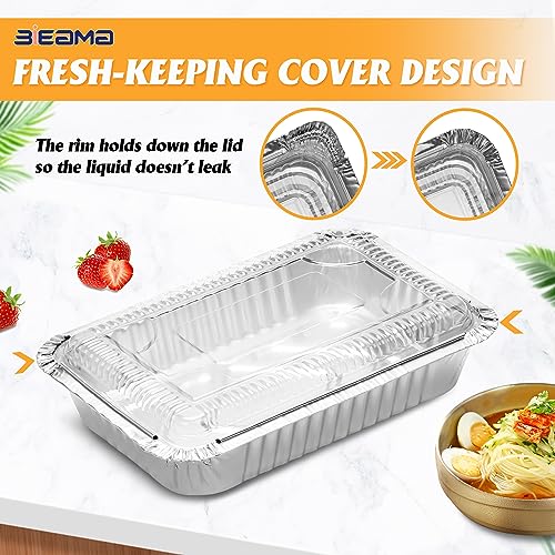 BIEAMA 50 Pack 8x5.5 Disposable Takeout Pans with Clear Lids, Disposable Baking Pans for Food To Go, Take Out, Foil Pans with Plastic Lids for Spill Resistance
