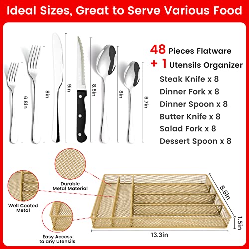 48 pieces Silverware with orgainzer, KITWARE Flatware for 8, Stainless Steel Utensil with metal tray, Home & Kitchen Mirror Polish Cutlery, Dishwasher Safe
