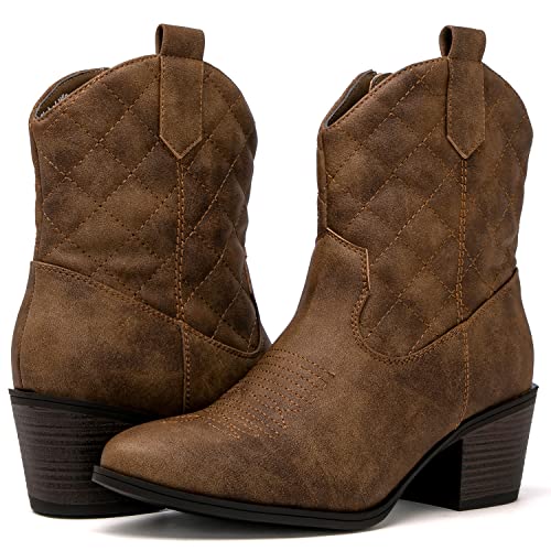 GLOBALWIN Women's Camel Quilted Mid Calf The Western Cowboy Cowgirl Boots 8M