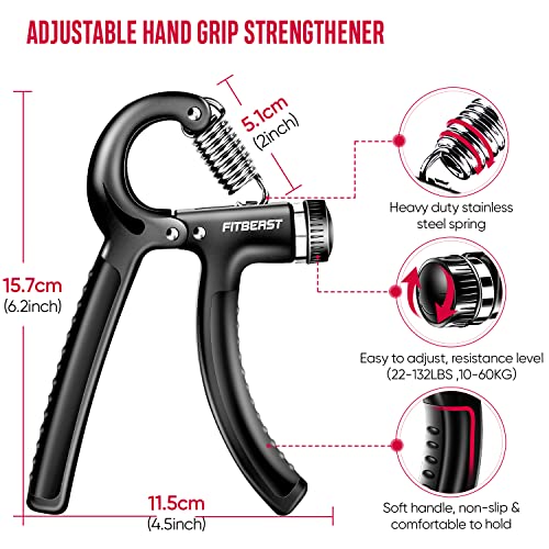 FitBeast Hand Grip Strengthener Workout Kit (5 Pack) Forearm Grip Adjustable Resistance Hand Gripper, Finger Exerciser, Finger Stretcher, Grip Ring & Stress Relief Grip Ball for Athletes