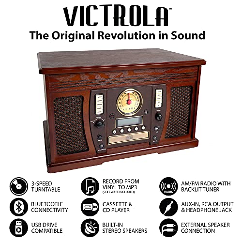 Victrola Aviator 8-in-1 Bluetooth Record Player & Multimedia Center with Built-in Stereo Speakers - 3-Speed Turntable, Vinyl to MP3 Recording | Wireless Music Streaming | Espresso