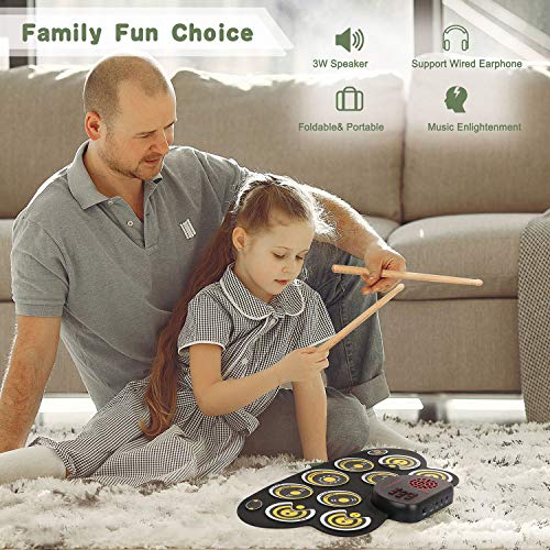 Electronic Drum Set Kids Foldable Practice Drum Pad Rechargeable Drum Kit, Built in Speakers Foot Pedals,Drum Sticks, Birthday Gift for Beginners (Yellow)