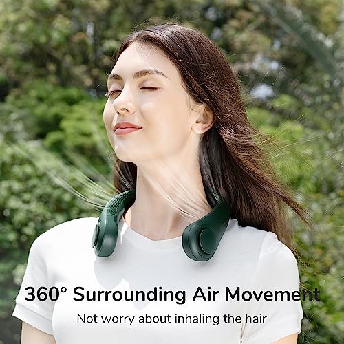 JISULIFE Portable Neck Fan, Hands Free Bladeless Fan, 4000 mAh Battery Operated Wearable Personal Fan, Leafless, Rechargeable, Headphone Design, USB Powered Desk Fan,3 Speeds-Dark Green