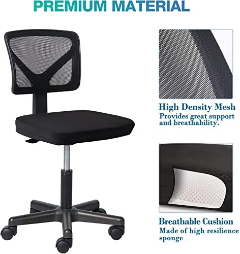 Ergonomic Home Office Desk Chair, Adjustable Armless Computer Chair with Lumbar Support, Small Mesh Task Chair with Backrest Swivel Rolling for Study, Office, Conference Room Black