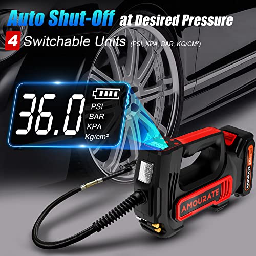 Amourate 24V Air Compressor Tire Inflator Portable for Car, Cordless Air Pump (150 PSI) with 12V Car Adapter Rechargeable Battery,Digital Pressure Gauge,Auto-off inflating Red