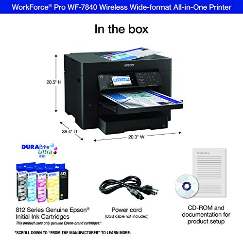 Epson Workforce Pro WF-7840 Wireless All-in-One Wide-Format Printer with Auto 2-Sided Print up to 13" x 19", Copy, Scan and Fax, 50-Page ADF, 500-sheet Paper Capacity, 4.3" Screen,Black
