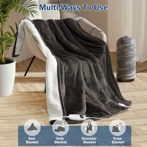 Heated Blanket Electric Throw, 50" x 60" Electric Blanket, 10 Heat Levels & 1-8hrs Timer Auto-Off, ETL Certified, Mashine Washable, Full Body Soft Flannel Sherpa Heating Blankets for Home Bed Office
