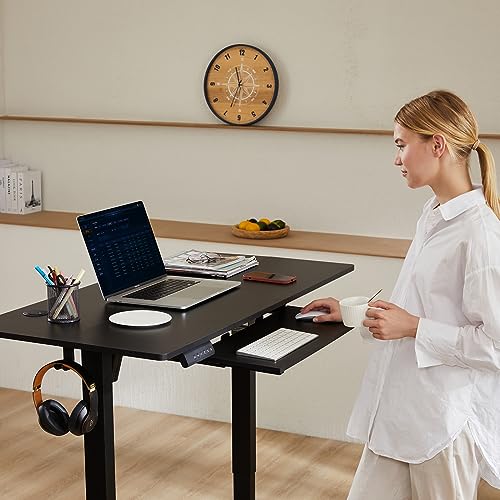 Sweetcrispy Standing Desk with Pull Out Keyboard Tray-48 in Electric Standing Desk, Height Adjustable Stand Up Desk for Home Office, Sit Stand Desk Stable Computer Rising Desk, 2 Storage Hooks, Black