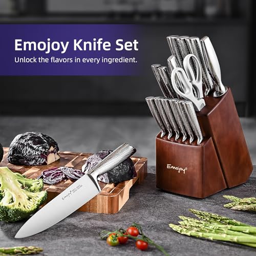 Knife Set, Emojoy 16-Piece Kitchen Knife Set with Block Wooden Carving Fork, Ripple German Stainless Steel Knife Block Set, Hollow Handle for Chef Knife Set with Sharpener and Scissors