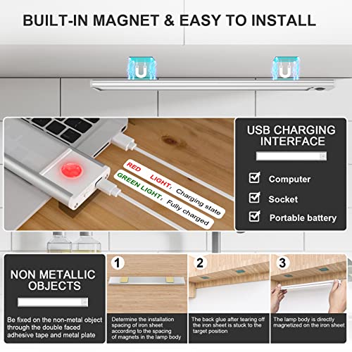LED Motion Sensor Cabinet Light, Under Cabinet Lights, Wireless USB Rechargeable Kitchen Night Lights, Stick-on Anywhere Battery Powered Operated Light, 35-LED Light for Stairway Wardrobe, Closets