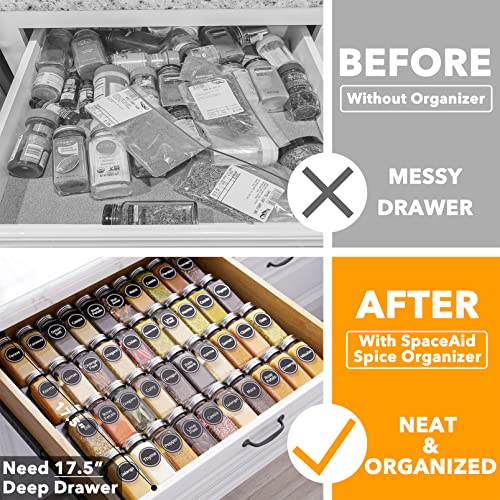 SpaceAid Spice Drawer Organizer with 40 Spice Jars, 386 Spice Labels and Chalk Marker, 4 Tier Seasoning Rack Tray Insert for Kitchen Drawers, 18.5" Wide x 17.5" Deep