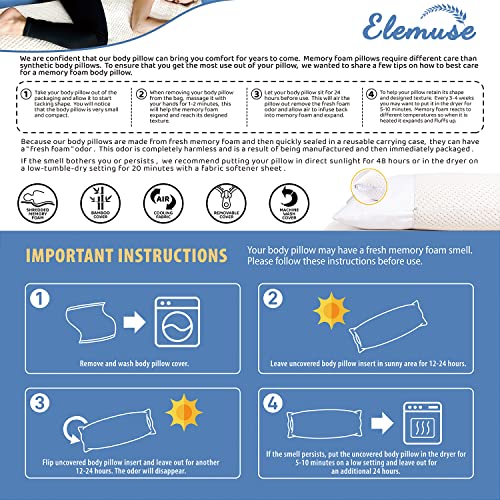 ELEMUSE Full Body Pillow for Adults - Shredded Memory Foam & Zippered Cooling Bamboo Cover - 20 x 54 Long Pillow for Sleeping - Bed Pillows for Side Sleeper