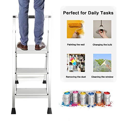Topfun 3 Step Ladder, Lightweight Aluminum Folding Step Stool, Multi-Use Non-Slip Wide Platform Ultra-Light Sturdy Ladder, 225lbs Capacity, Fully Assembled for Household and Office