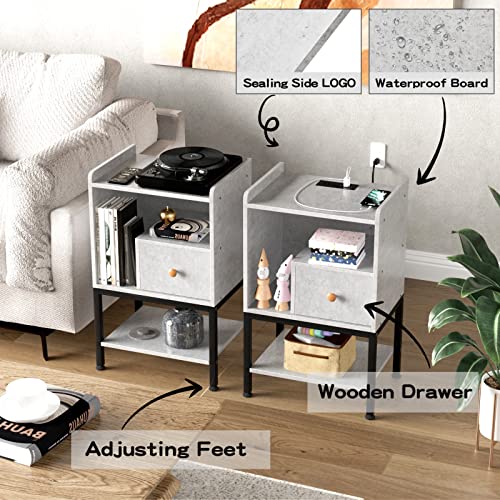 Gannyfer Nightstand with Charging Station, Night Stand with USB Ports and Storage Drawer, Modern 3-Tier End Side Table, Small Wood Bedside Table for Bedroom,Living Room,Grey