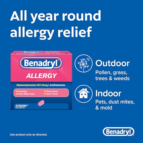 Benadryl Ultratabs Go Packs, Antihistamine Allergy Medicine Tablets with Diphenhydramine HCl, Convenient for Travel & On-The-Go Cold & Allergy Relief, 60 Packets of 2 Tablets