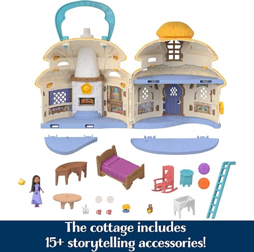 Mattel Disney Wish Mini Doll & Dollhouse Playset, Asha of Rosas Cottage with Micro Doll, Star Figure & 15+ Furniture & Accessories, Travel Toys
