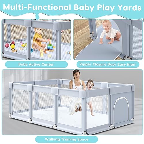 Fshibila 74" ×50" Large Baby Playpen, Baby Playard for Babies and Toddlers, Baby Fence Play Pens for Indoor & Outdoor, Sturdy Safety Play Yard with Soft Breathable Mesh, Anti-Fall, Grey