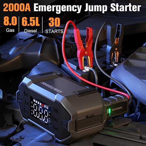 TRAVELMAN T1 Jump Starter with Air Compressor, 150PSI 2000A Car Battery Starter (8.0L Gas/6.5L Diesel) with Digital Tire Inflator, 12V Lithium Battery Booster Jump Box Pack Air Pump