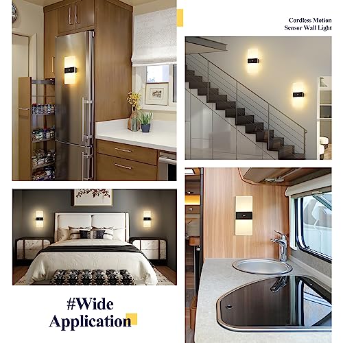 Battery Operated Wall Sconces Set of Two, Wireless Motion Sensor Wall Lights, Rechargeable Lamp Sconce Wall Lighting with 2-Mode for Hallway Stairway Bedroom Basement Living Room, LBD025-LED-BK2