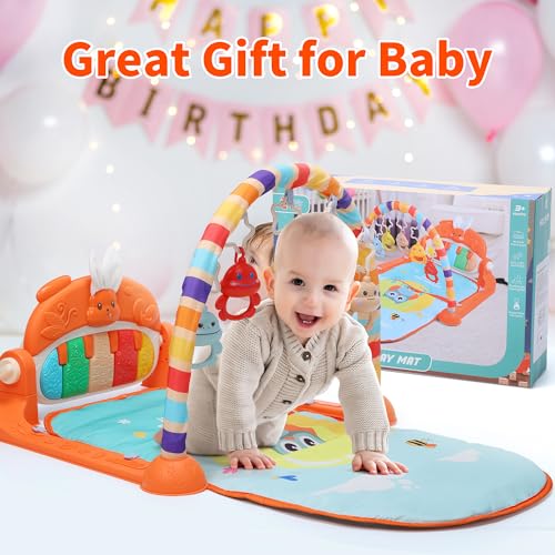 HOLYFUN Baby Gym Play Mat, Play Piano Gym with Sound & Light,Tummy Time Activity Mat with Baby Rattles for Sensory and Motor Skill Development, Musiacl Activity Center for Newborn Baby, Orange