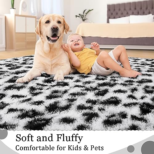 BENRON Fluffy Bedroom Rug Leopard Rug for Living Room Black and White Area Rug 4x6 Ft Cute Cheetah Print Rug for Kids Girls Boys Nursery Room Decor Alfombras para Salas
