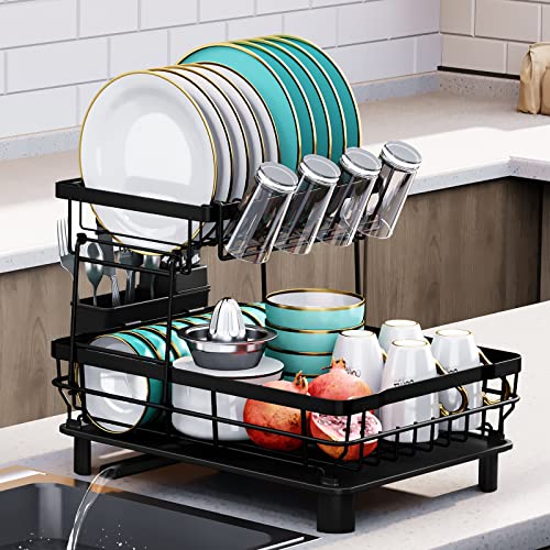 XILIDIA Dish Racks for Kitchen Counter, 2 Tier Dish Drying Rack with Drainboard, Large Capacity Dish Drainer with Utensil Holder and Extra Dish Drying Mat