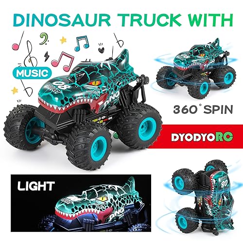DYODYORC RC Monster Truck, 2.4Ghz High Speed Remote Control Car, All Terrain RC Truck with Light&Music&360°Stunt, RC Dinosaur Car with 2 Rechargeable Batteries, Toy Gifts for Boys and Girls (Cyan)