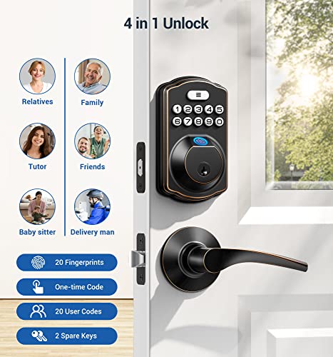 Veise Fingerprint Door Lock with 2 Lever Handles - Keyless Entry Door Lock with Handle, Electronic Keypad Deadbolt Front Door Lock Set, Auto Lock, 1 Touch Locking, Easy Installation, Oil Rubbed Bronze
