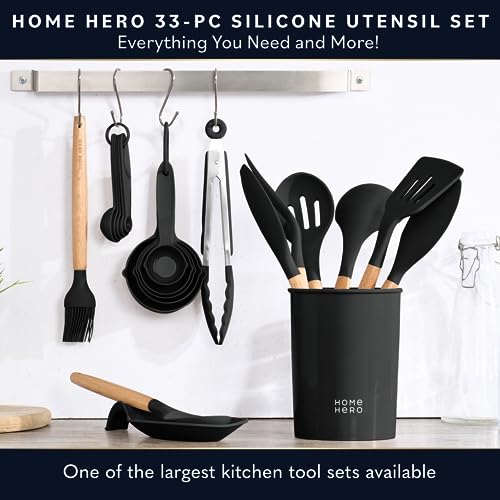 Home Hero 33 Pcs Silicone Kitchen Utensils Set, Non-Stick Silicone Cooking Utensils Set with Holder, Wooden Handle Spatula, Silicone Kitchen Gadgets Utensil Set (33 Pcs Set - Black)