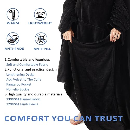 HOSUKKO Fleece blanket hoodie with Sleeves Pocket and Hat - Super Warm and Cozy Giant Blanket Hoodie - Thick Flannel Blanket - Black