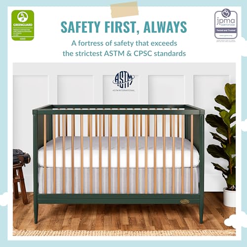 Dream On Me Clover 4-in-1 Modern Island Crib with Rounded Spindles in Olive, Convertible Crib, Mid-Century Meets Modern, Coordinates with The Clover Changing Counter